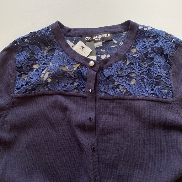 Karl Lagerfeld navy cardigan w  lace shoulders size M - Picture 5 of 7